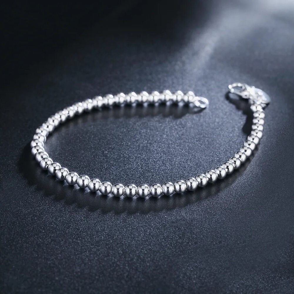 925 sterling silver Classic 4MM round beads chain Bracelets for women Fashion - Picture 5 of 5